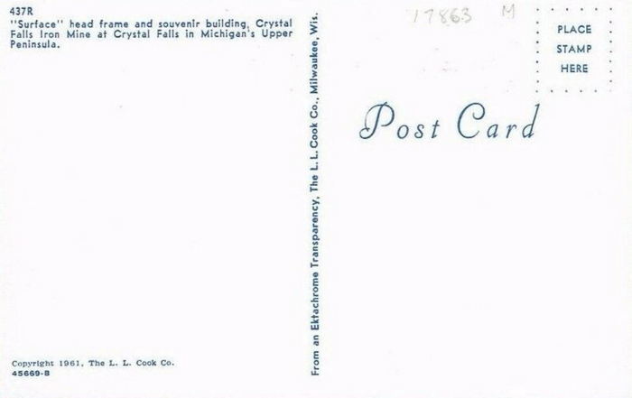 Crystal Falls Iron Mine - Vintage Postcard Back (newer photo)